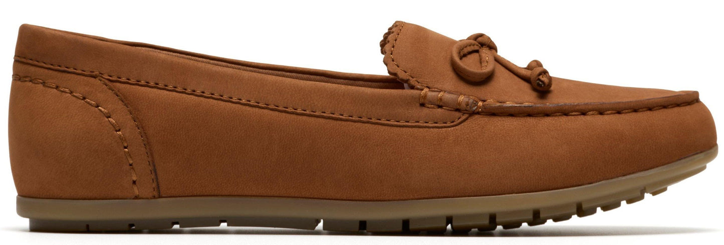 A tan-colored loafer-style shoe with a knotted tie on top.