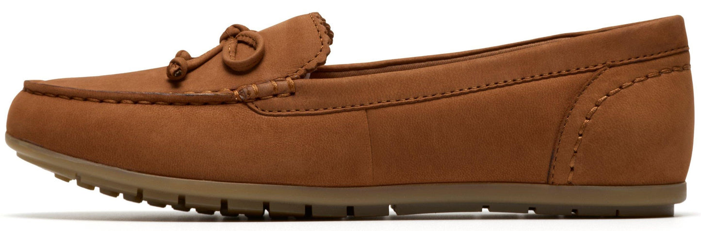 Brown leather-like moccasin loafer with a decorative tie on top.
