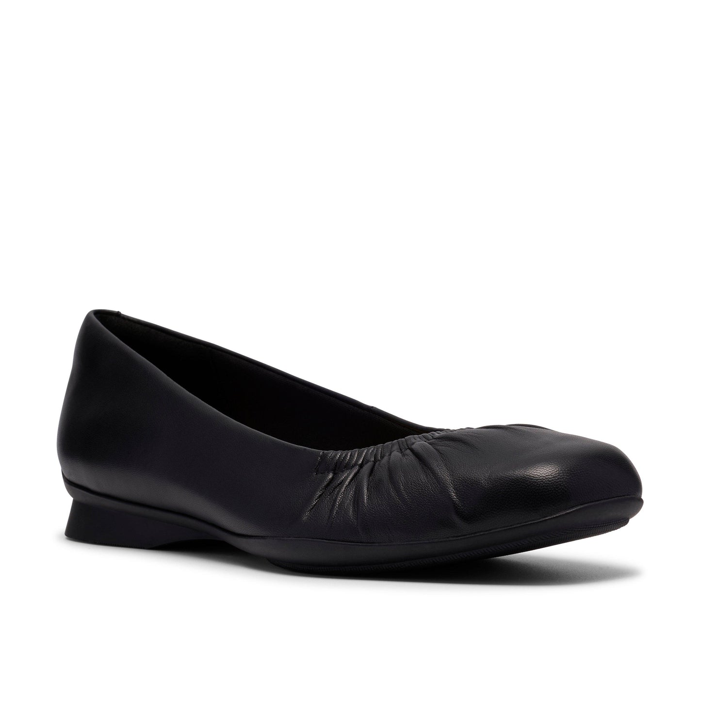 Black leather ballet flat with gathered toe.