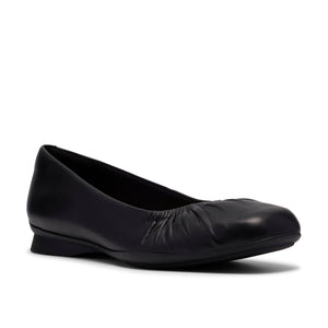 Black leather ballet flat with gathered toe.