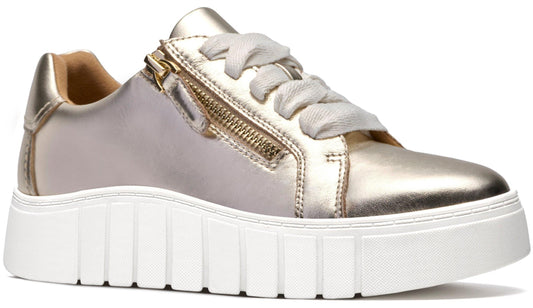 Metallic gold sneaker with a side zipper and white platform sole.