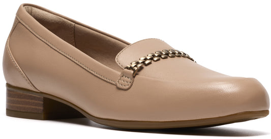 A beige leather loafer with a low wooden block heel and a metallic chain-link detail across the instep.