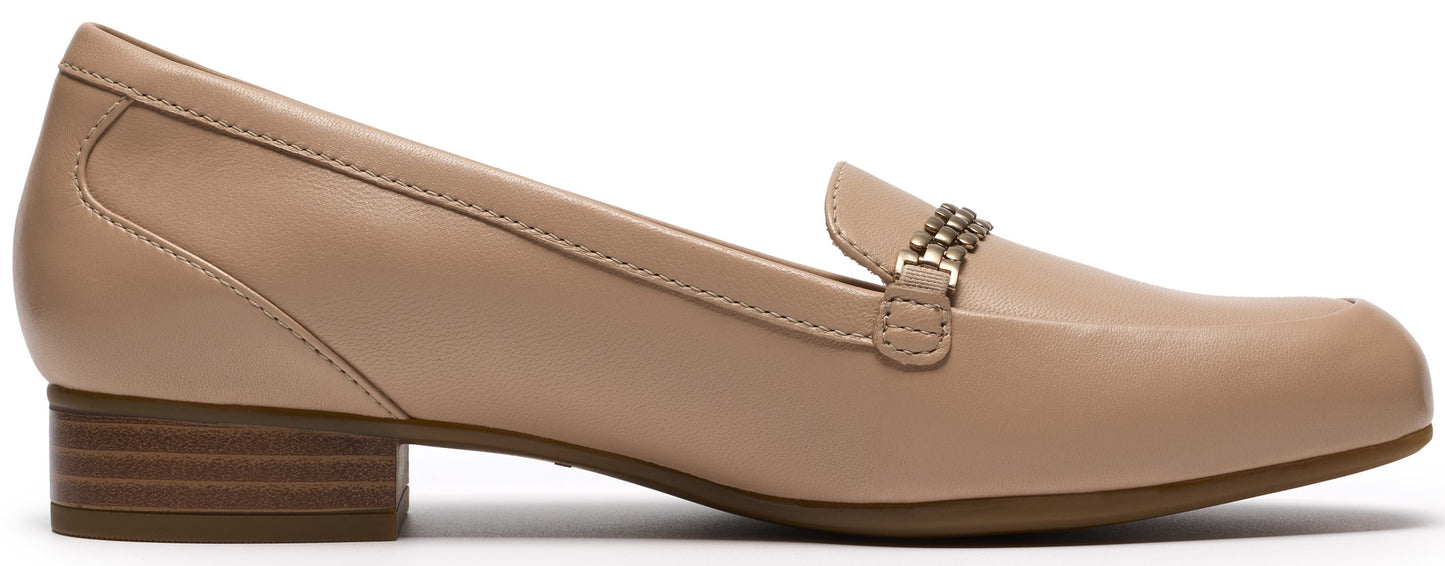 A beige leather loafer with a low, brown stacked heel and a gold metal chain accent across the vamp.