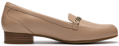 A beige leather loafer with a low, brown stacked heel and a gold metal chain accent across the vamp.