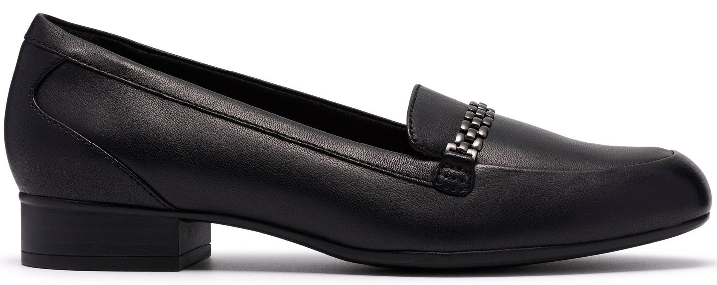 A black leather loafer with a low heel and a metal chain embellishment on the vamp.