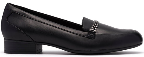 A black leather loafer with a low heel and a metal chain embellishment on the vamp.