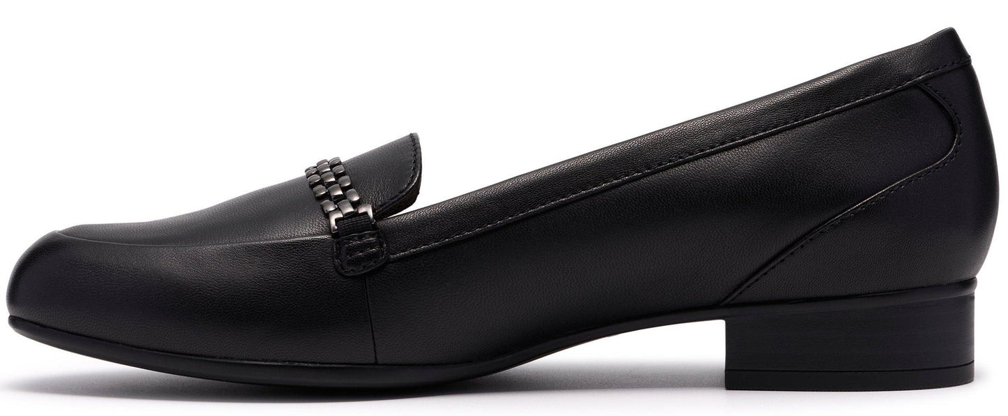 Black leather loafer with silver embellishments.