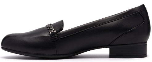 Black leather loafer with silver embellishments.