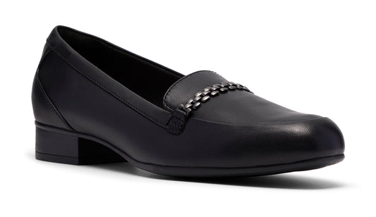 Black leather loafer with chain accent on vamp and a low block heel.