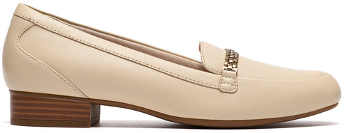 Beige loafer with a block heel and chain detail.
