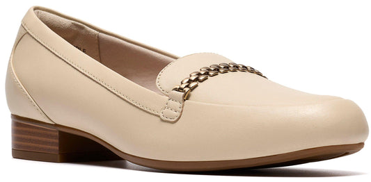 Beige dress shoe with a chain strap.