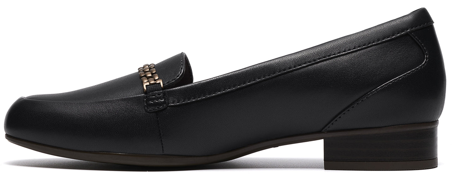 Side view of a black leather slip-on loafer with a low block heel and a metallic chain-link detail across the instep.