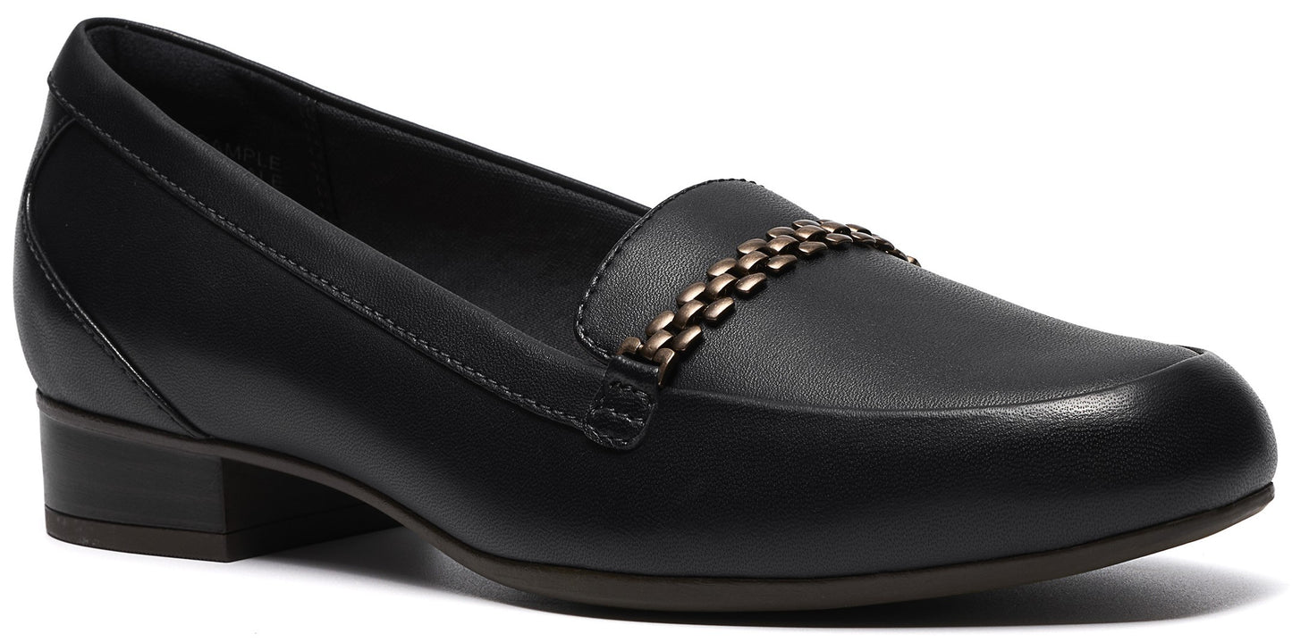 A black leather loafer shoe with a low block heel and a metallic, chain-link textured band across the top.