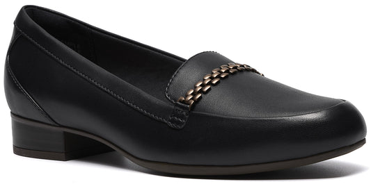 A black leather loafer shoe with a low block heel and a metallic, chain-link textured band across the top.