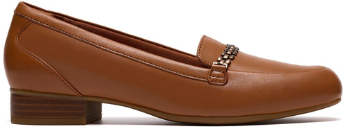 A brown leather loafer with a decorative chain detail.