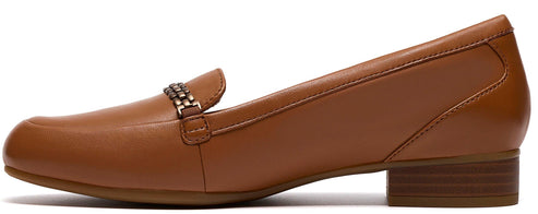 A women's brown leather loafer with a low heel.
