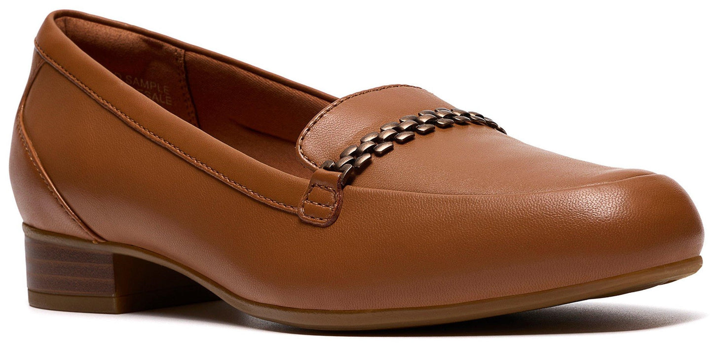 A tan, heeled loafer with metal chain detail.