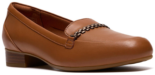 A tan, heeled loafer with metal chain detail.