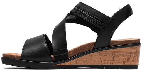 A black wedge sandal with a crisscross design.