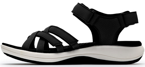 Side view of a black sandal with white sole and adjustable straps.
