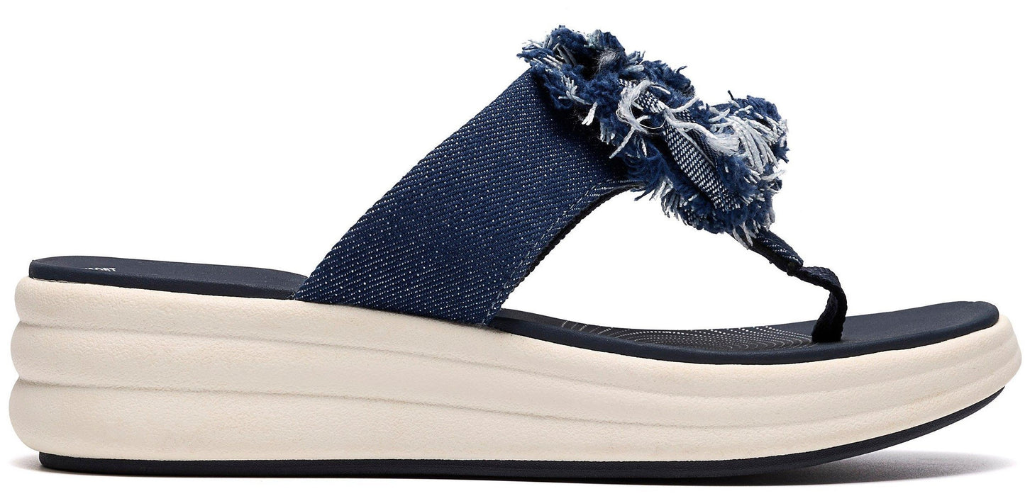 Denim flip-flop sandal with a frayed denim flower accent.