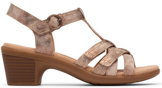 Rose gold sandal with t-strap, stacked heel, and adjustable ankle strap.