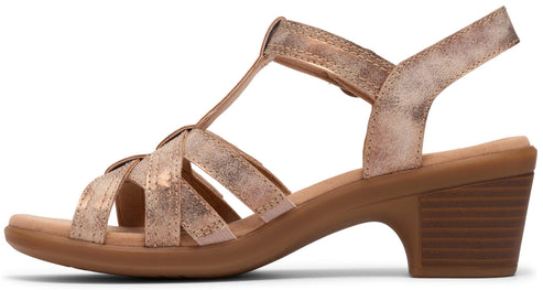 Bronze-colored sandal with multiple straps and a block heel.