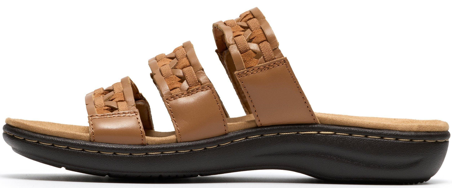 Leather sandal with three braided straps and a low heel.