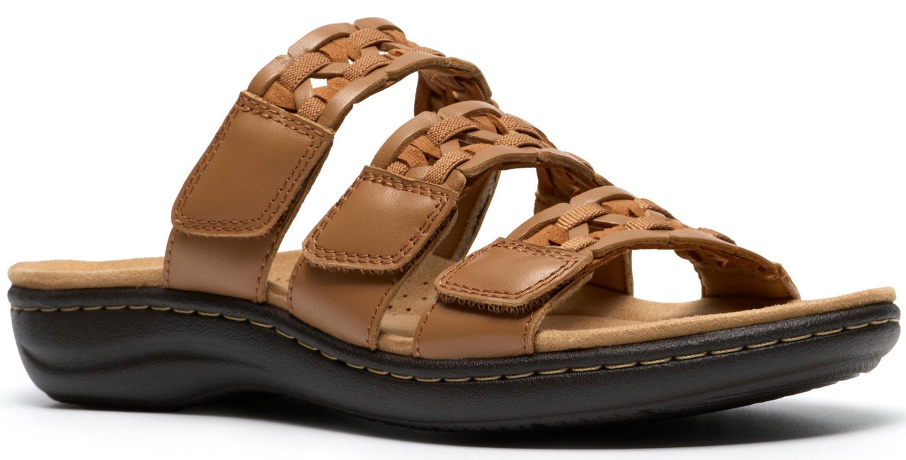 Tan slide sandal with three braided hook-and-loop straps and a dark sole.