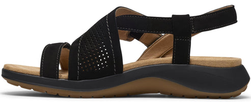 A black sandal with an ankle strap and toe loop.