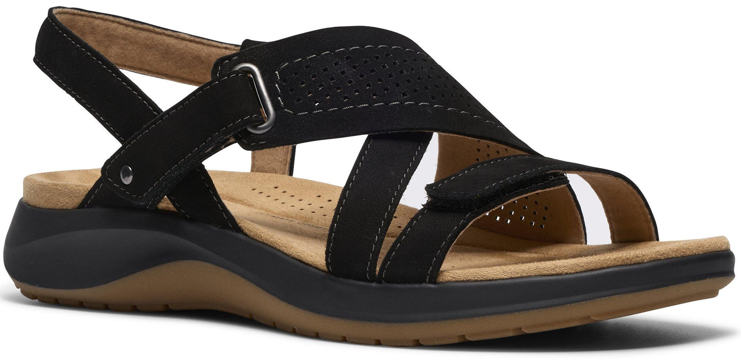 Black sandal with criss-cross straps and adjustable buckle.