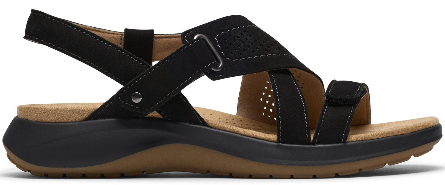 Black sandal with multiple straps and a low platform sole.