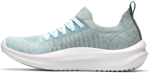 A mint-green running shoe with white soles and laces.