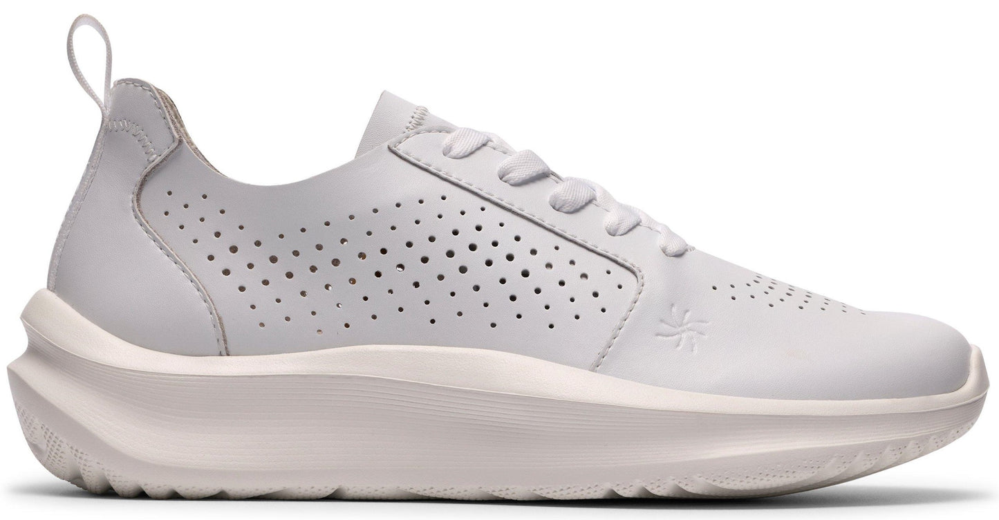 A white leather sneaker with a thick sole and perforated design.