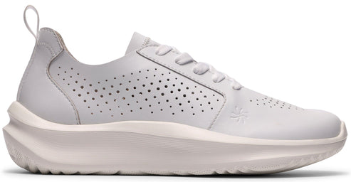 A white leather sneaker with a thick sole and perforated design.