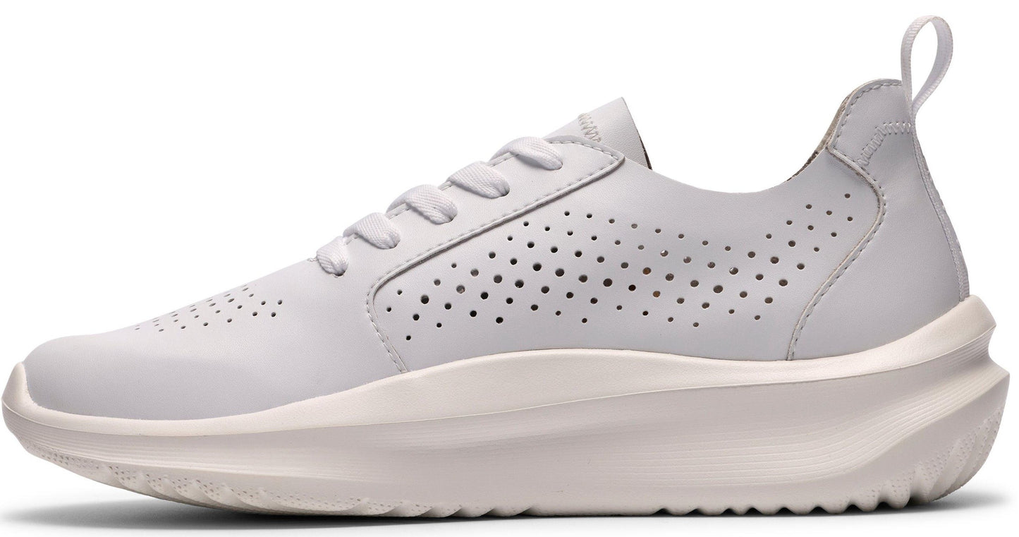 Low top white leather sneaker with a thick sculpted sole and perforated accents.