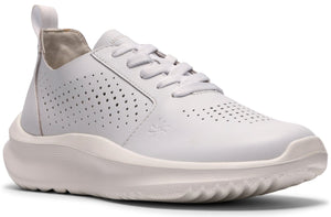 A white leather sneaker with a thick white sole, lace-up closure, and perforated detailing on the sides and toe.