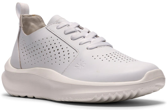 A white leather sneaker with a thick white sole, lace-up closure, and perforated detailing on the sides and toe.