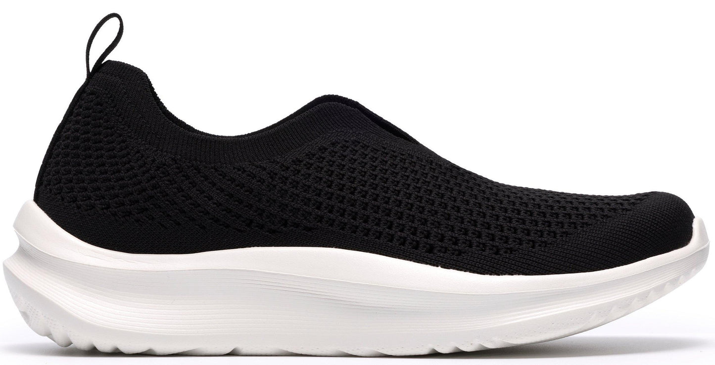 Black knit slip-on shoe with a thick white sole and a loop at the heel.