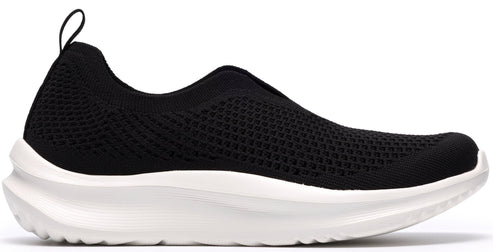 Black knit slip-on shoe with a thick white sole and a loop at the heel.