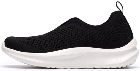 Black knit slip-on sneaker with a thick white sole and a pull tab.