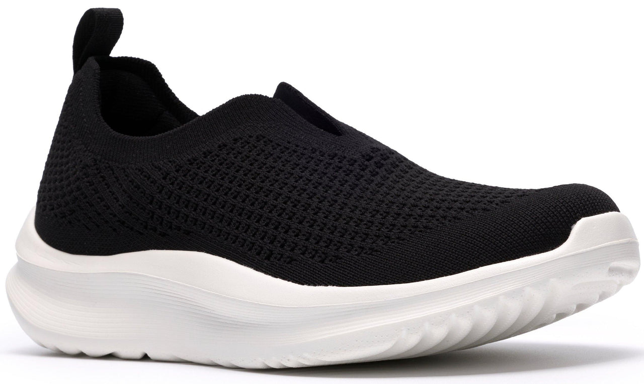 Black knit slip-on sneaker with a white sole and heel tab.