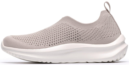 Beige knit slip-on athletic shoe with white sole and back loop.