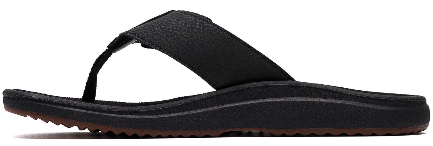 A black flip-flop with a textured strap and sole.