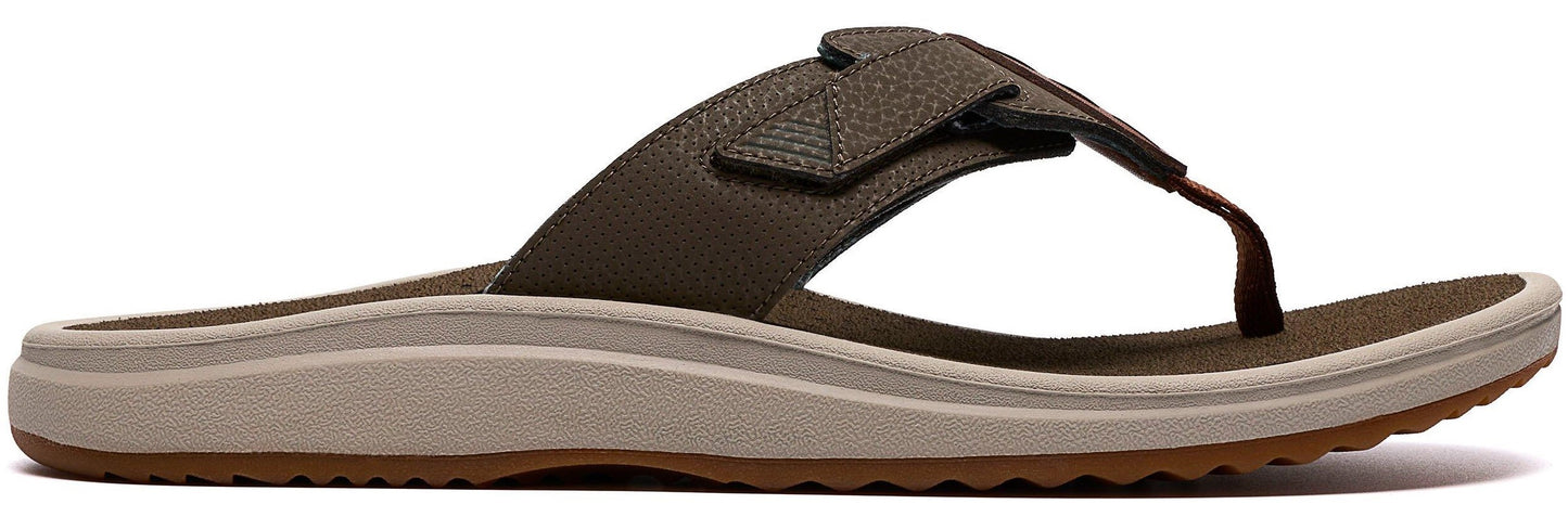 Brown sandal with a tan sole.