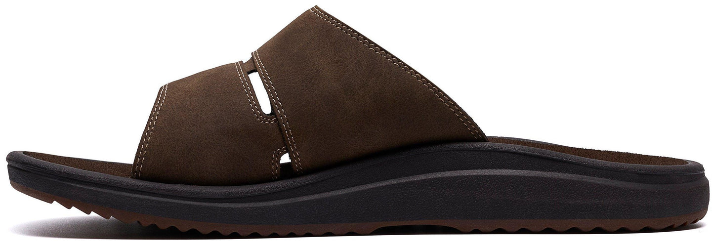 Brown leather slide sandal with a thick sole.
