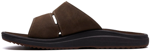 Brown leather slide sandal with a thick sole.