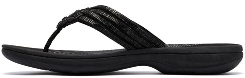 A black flip-flop sandal with woven straps.