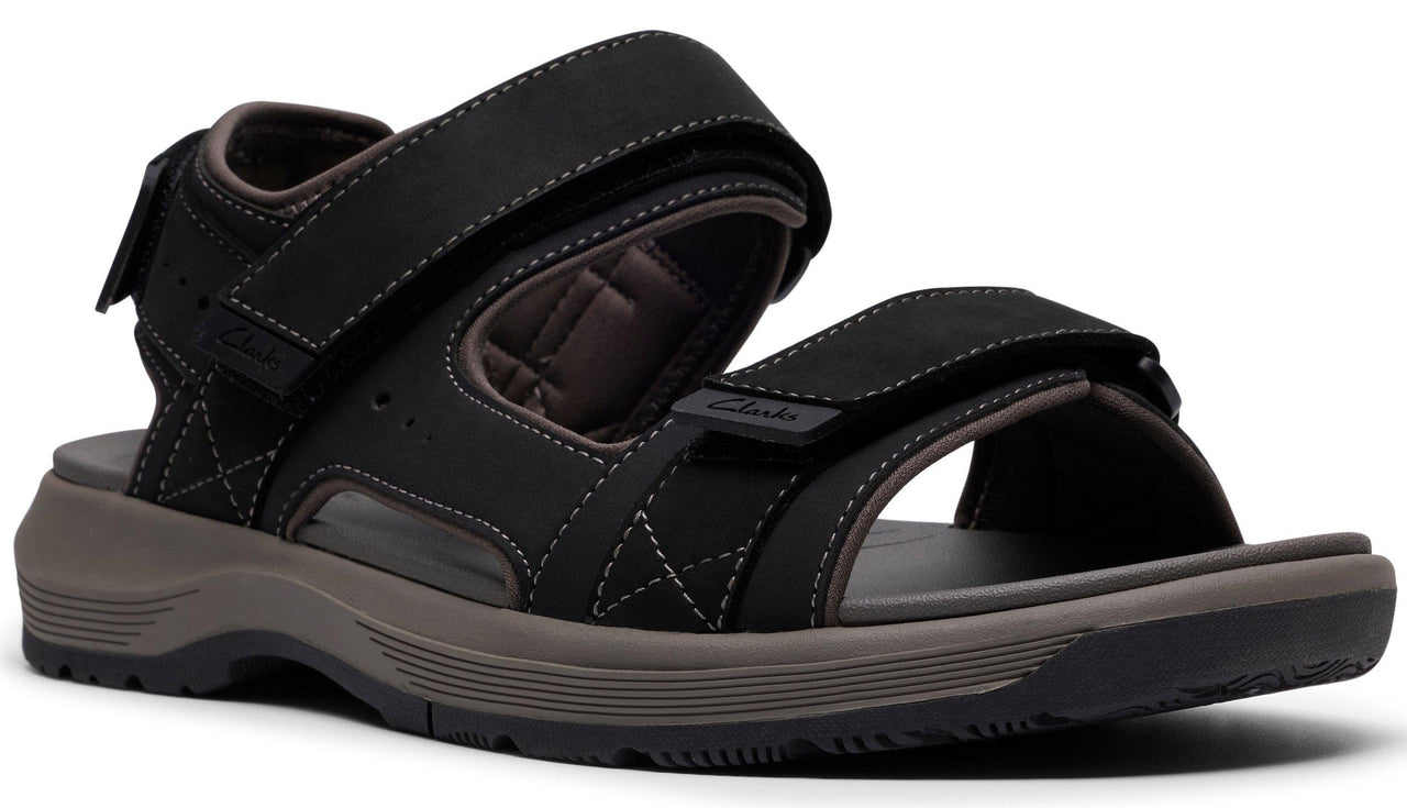Black sandal with adjustable hook-and-loop straps on the toe and instep, and an ankle strap