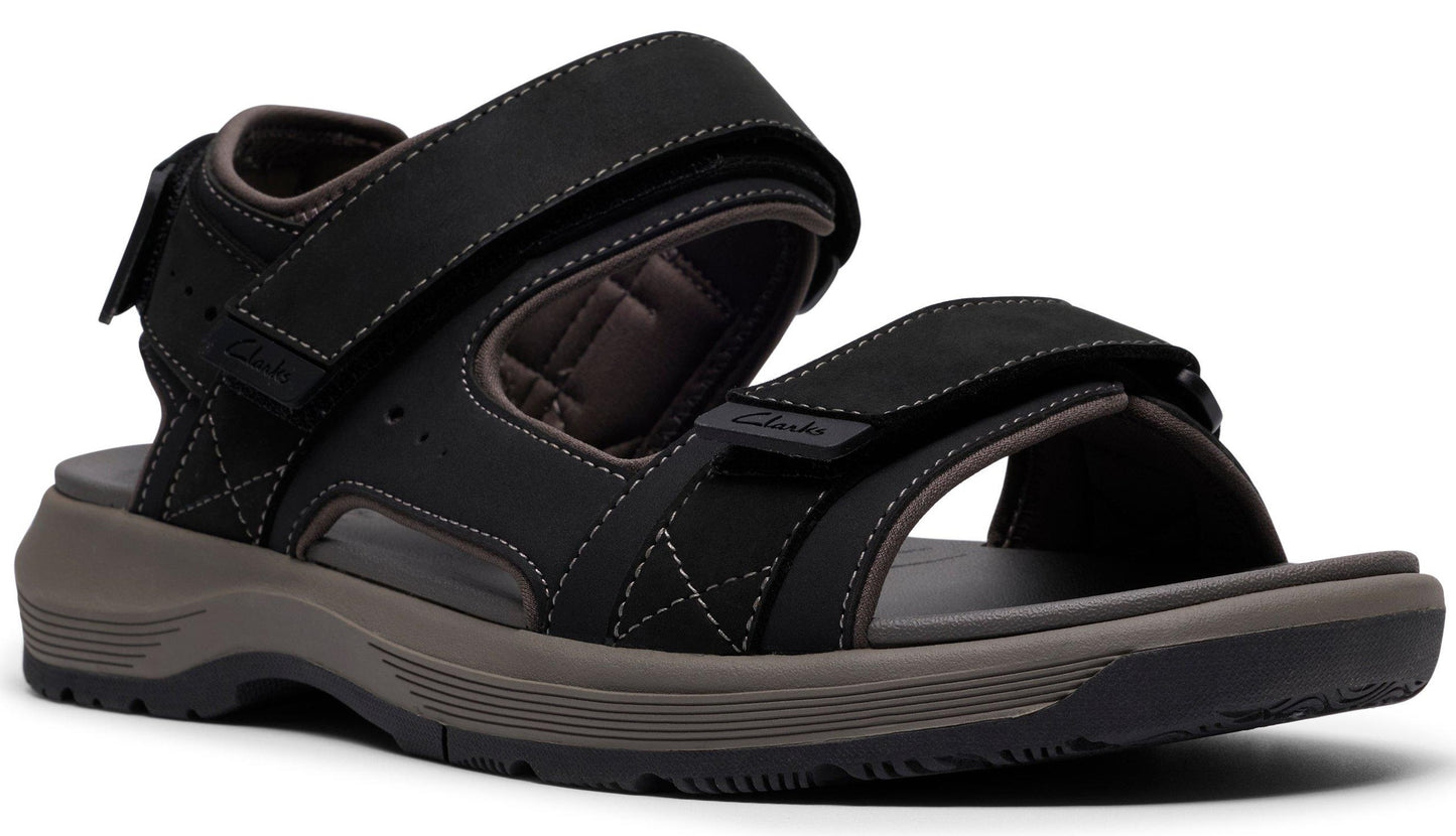 Black sandal with adjustable hook-and-loop straps on the toe and instep, and an ankle strap